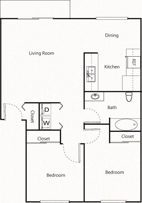 Floor plan for 2 beds, 1 bath, 844 sqft